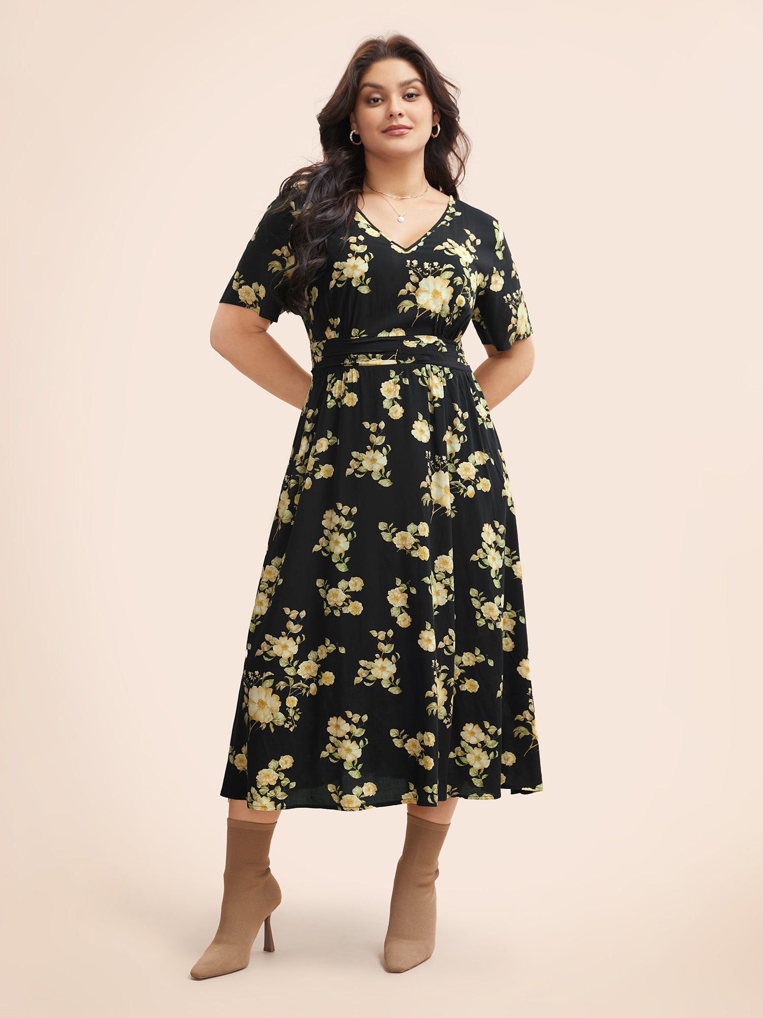 Floral Gathered Shirred Flutter Sleeve Dress