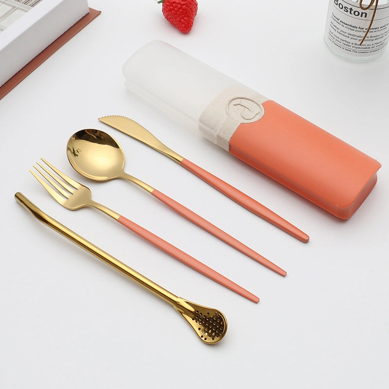 Retro Pastoral Color Block Stainless Steel Spoon Fruit Knife Fruit Fork 1 Set