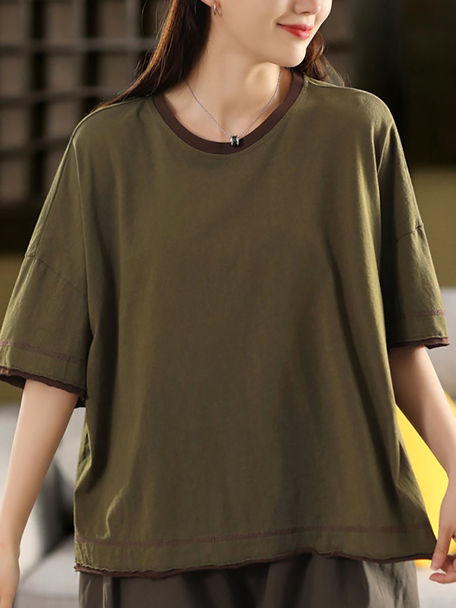 Women Summer Colorblock O-Neck 100%Cotton Shirt
