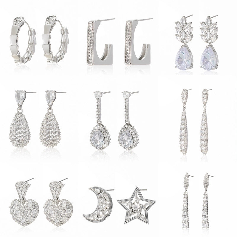 1 Pair Minimalist Leaf Moon Heart Shape Inlay Copper Zircon Drop Earrings Ear Studs