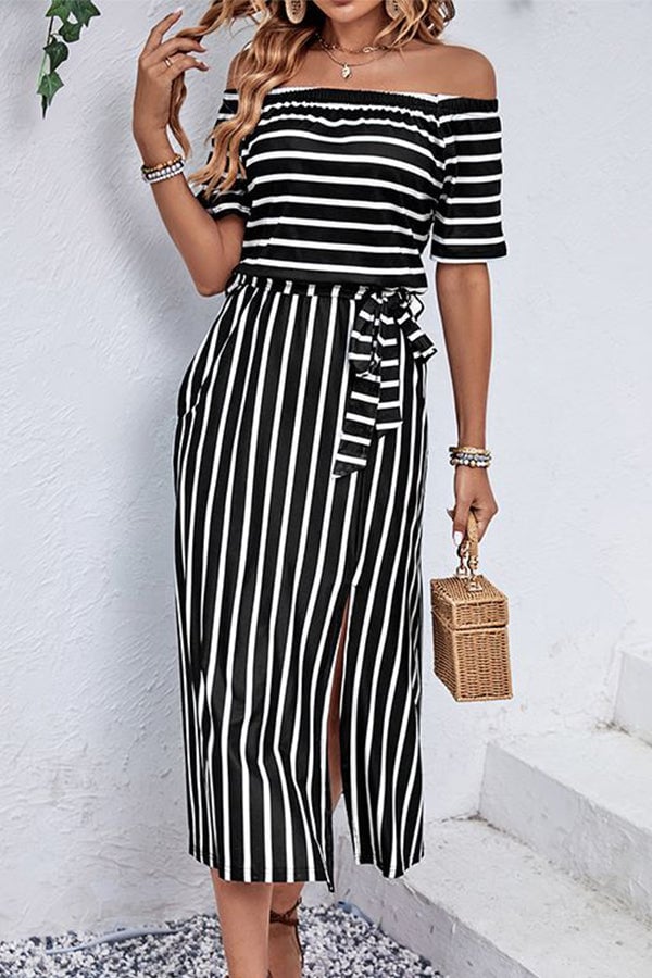 Stripe Print Off The Shoulder Split Side Dress