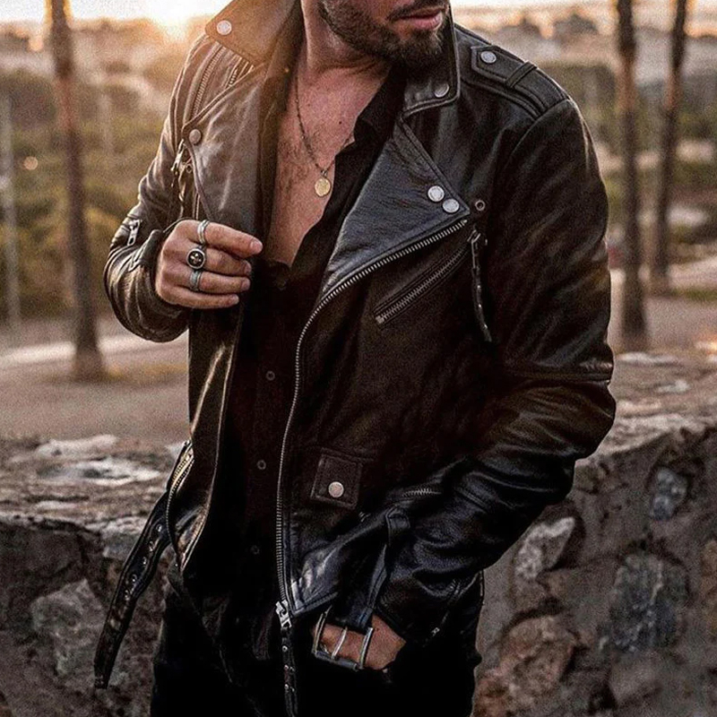 Men's Fashion Slim Lapel Motorcycle Leather Jacket