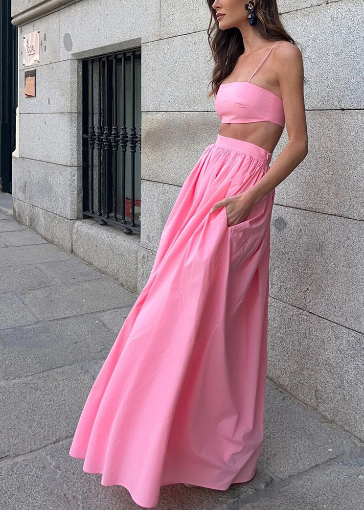 Fitted Pink Silm Fit Cotton Strapless Tops And Skirts Women Sets 2 Pieces Summer