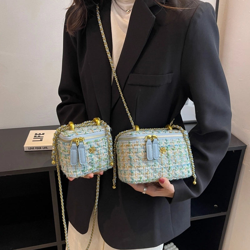 Women's Canvas Plaid Elegant Sewing Thread Square Zipper Shoulder Bag Crossbody Bag Square Bag