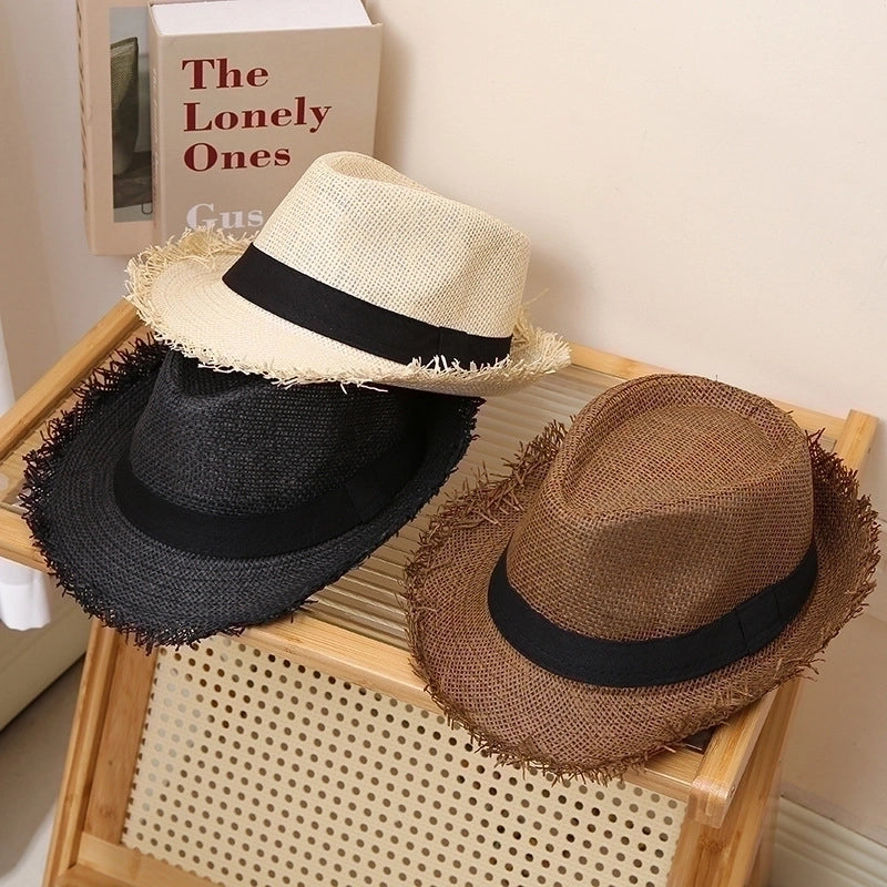 Men's Minimalist Solid Color Straps Crimping Straw Hat