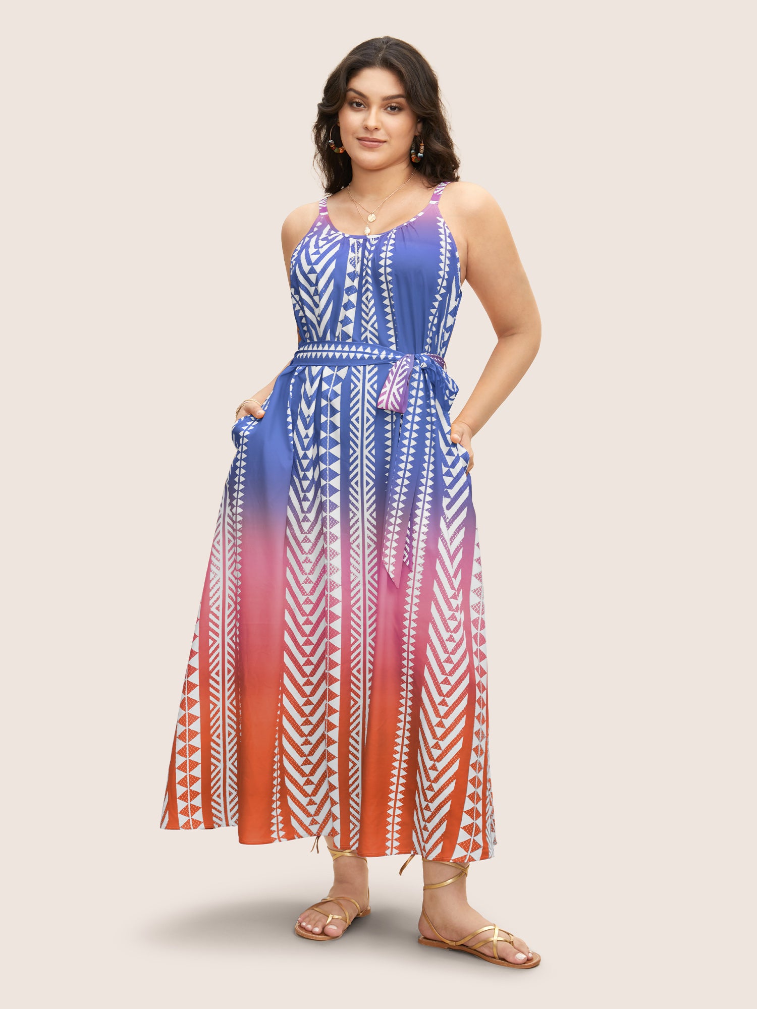 Ombre Contrast Geometric Belted Maxi Dress