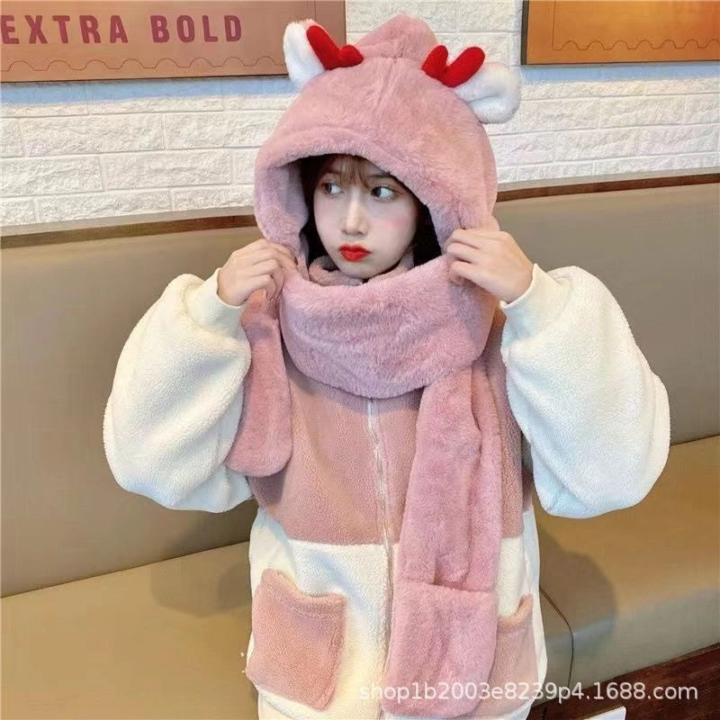 Hat Scarf Gloves Integrated Hat Autumn And Winter  Versatile Warm Toe Cap Winter Cute Plush Double Layer Hat For Women