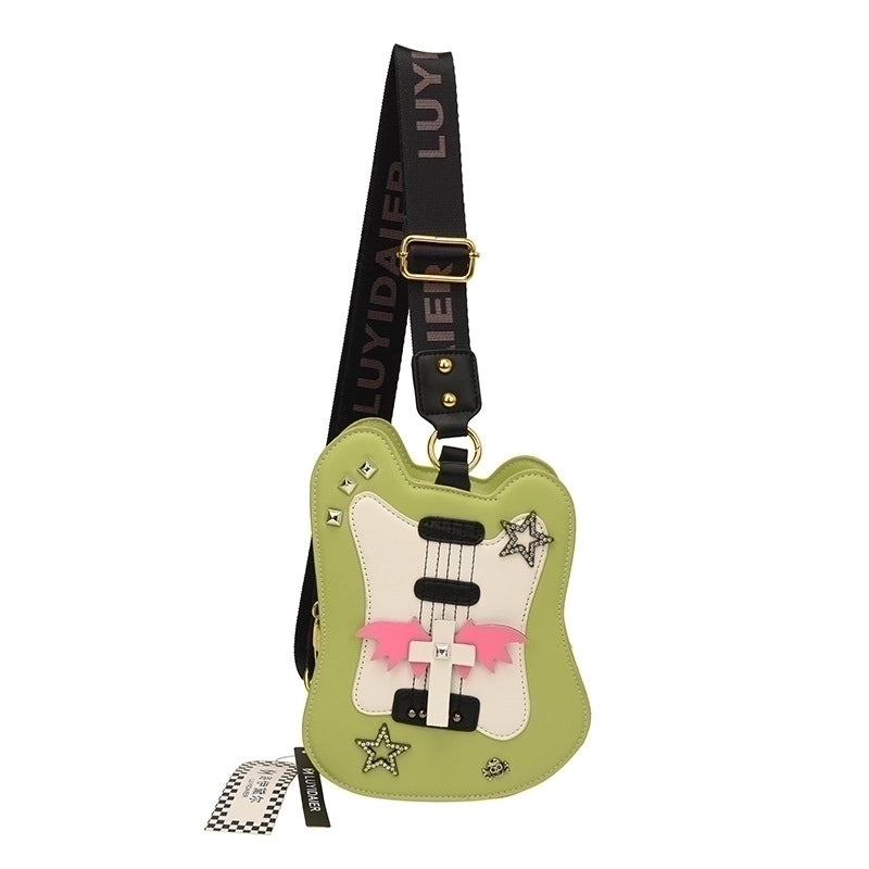 Women's Medium Pu Leather Star Wings Streetwear Guitar Type Zipper Crossbody Bag