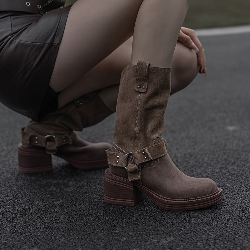Women's Leather Western Boots Block Heel Mid Calf Boots for Autumn/Winter