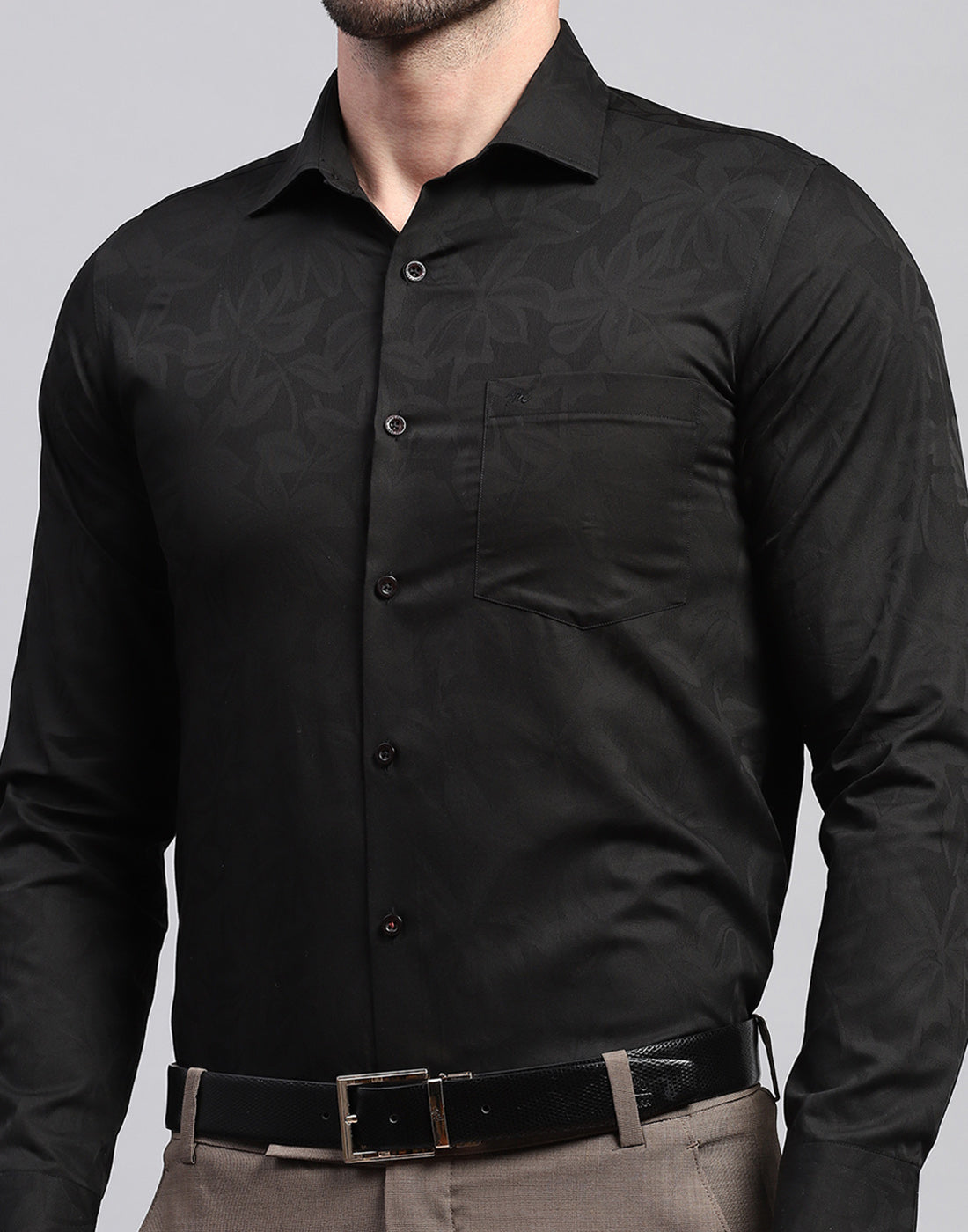 Men Black Floral Print Collar Neck Full Sleeve Shirt