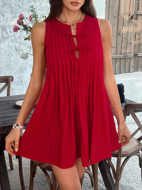 A-Line Loose Pleated Solid Color Tied Round-Neck Mini Dresses Vest Top