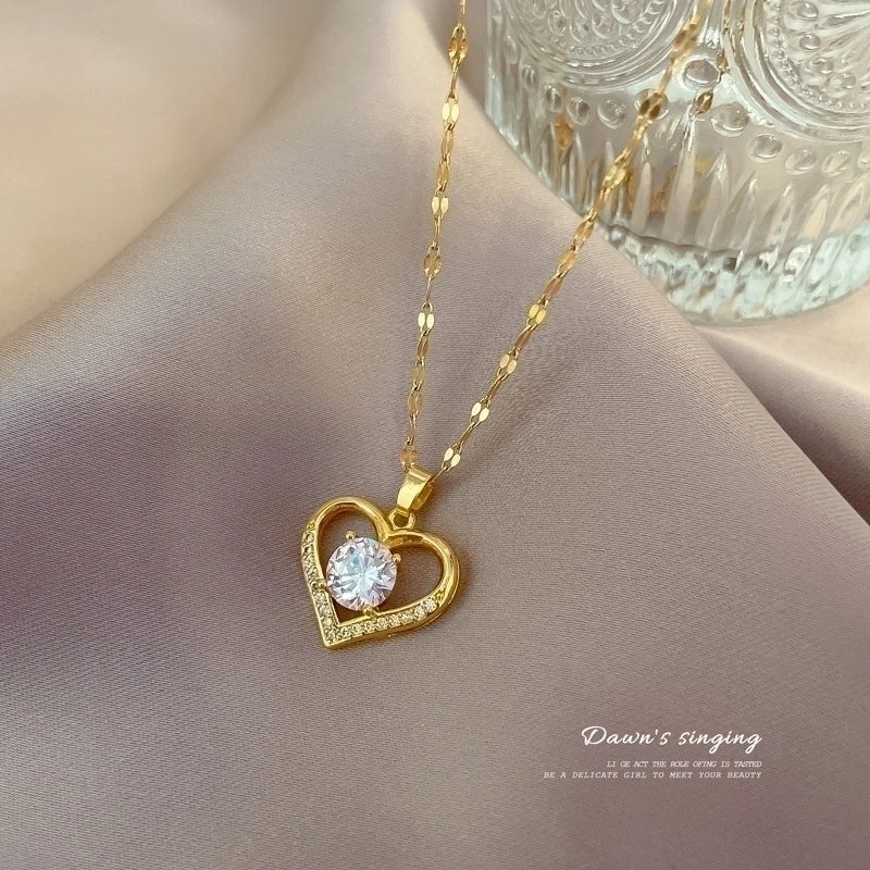2 Pieces Minimalist Classic Style Geometric Heart Shape Titanium Steel Copper Zircon Pendant Necklace In Bulk