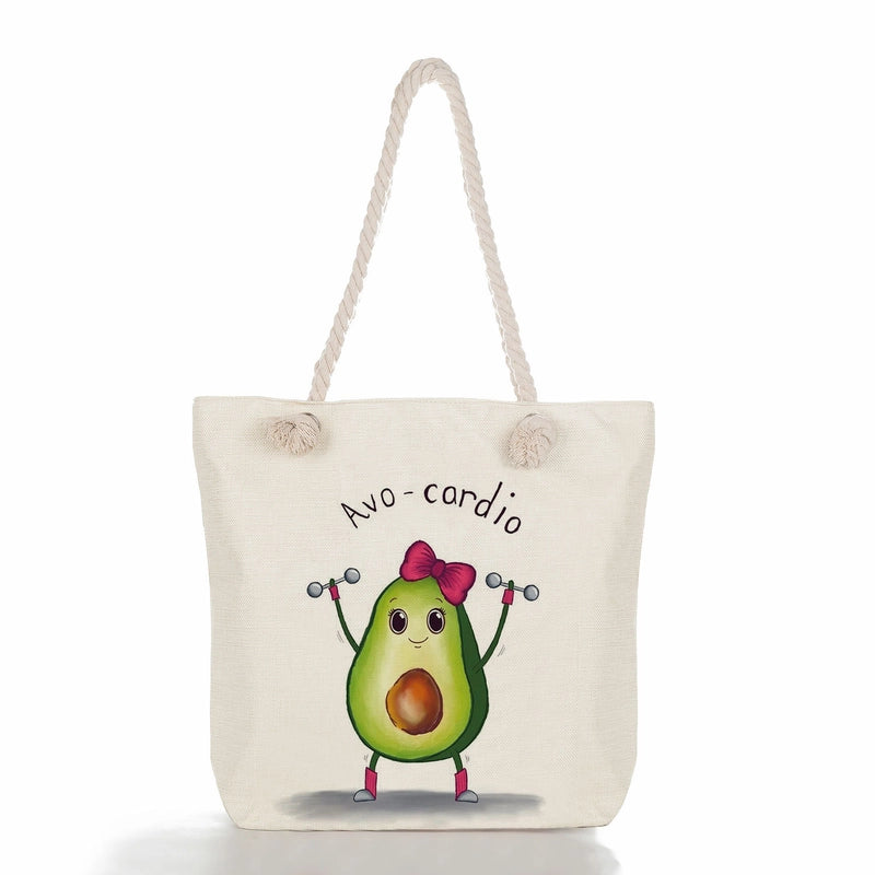 Women's Medium Linen Fruit Cute Classic Style Square Zipper Tote Bag Beach Bag