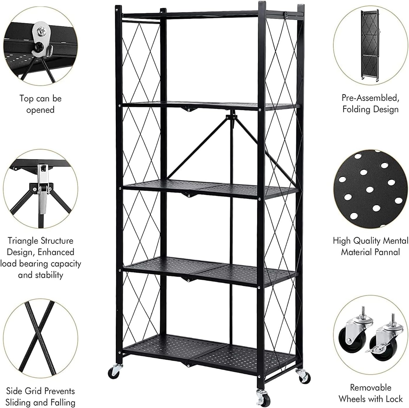 5 Layer Foldable Trolley Rack .Folding Shelf for Kitchen