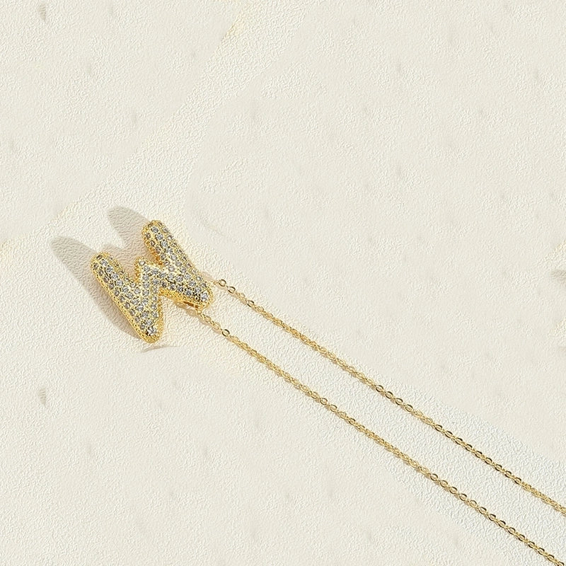 Copper 14K Gold Plated Minimalist Inlay Letter Zircon Pendant Necklace