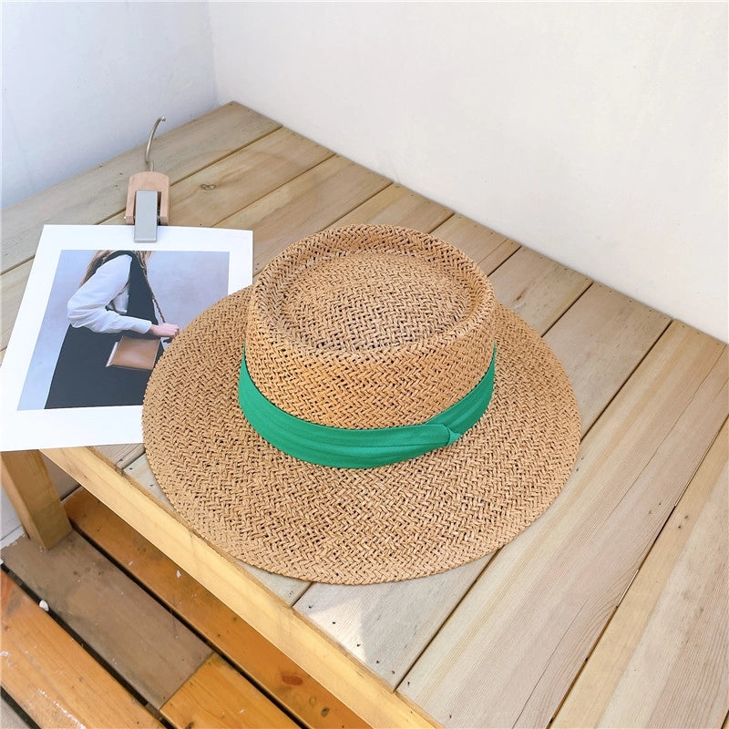 Women's Minimalist Classic Style Color Block Flat Eaves Straw Hat
