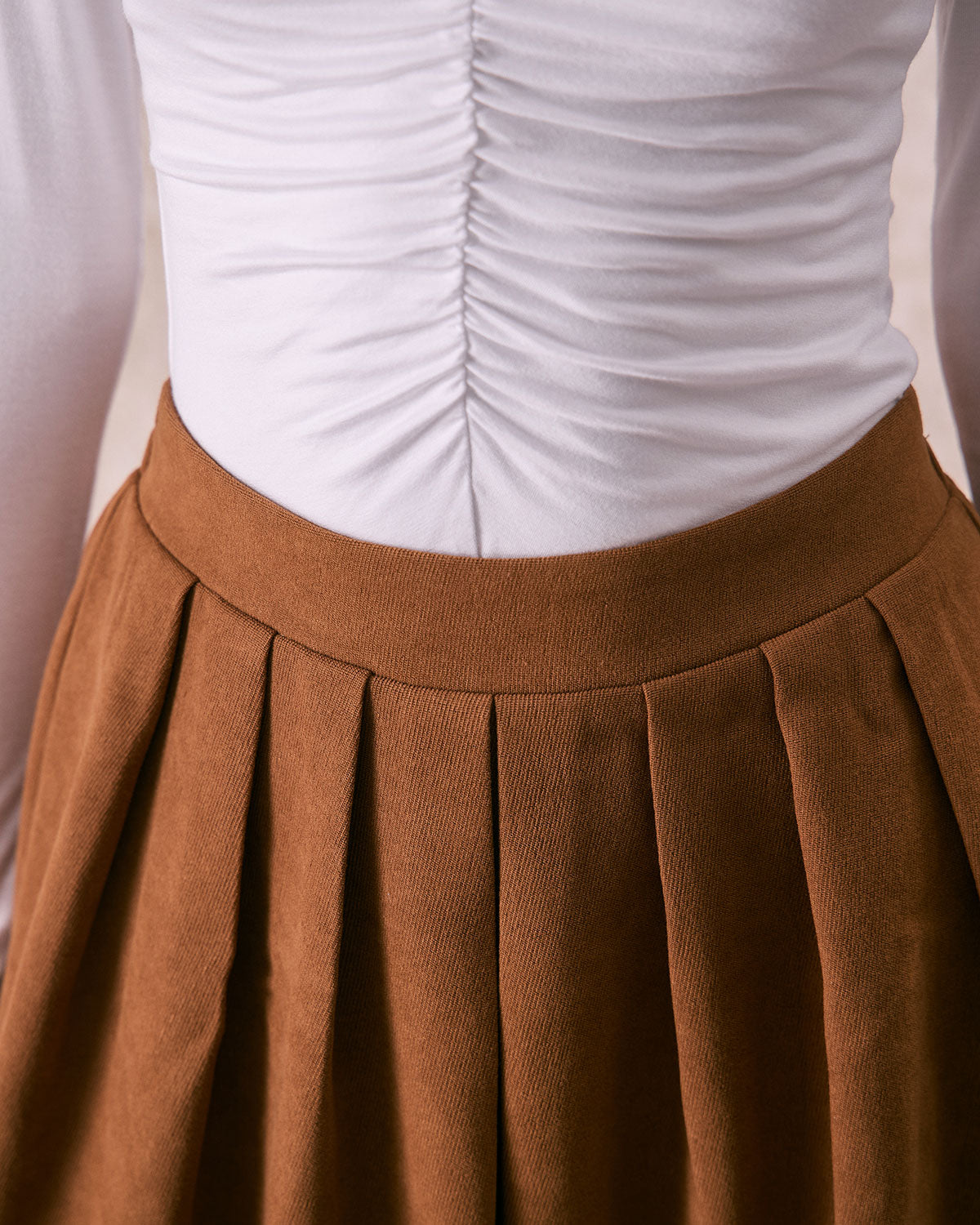 The Brown Elastic Waist Pleated Midi Skirt