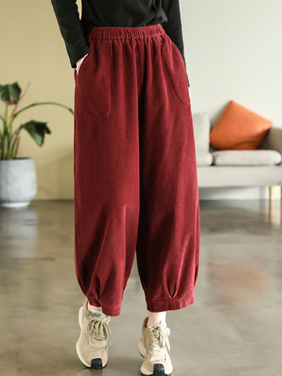 Plus Size Women Vintage Corduroy Pure Color Loose Harem Pants