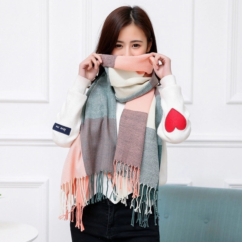 Plaid Scarf Women's Winter Versatile Student Scarf Cashmere Tassel Dual-use Warm Plaid Shawl