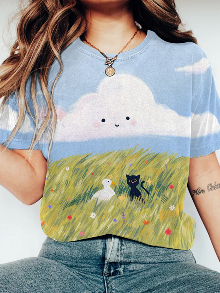 Cat Print Round Neck Casual T-Shirt