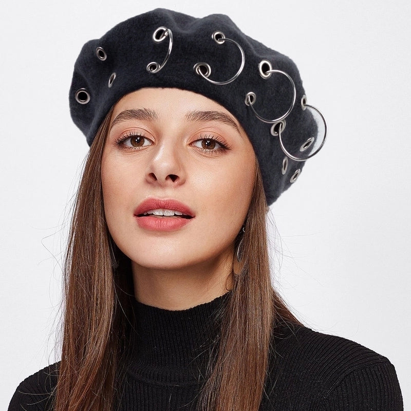 Women's Retro Punk Streetwear Solid Color Metal Eaveless Beret Hat
