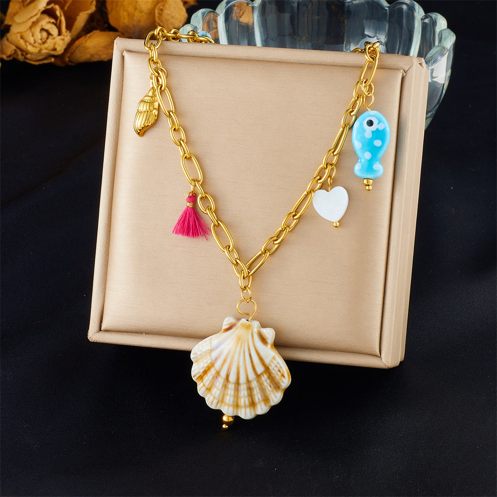 Fashion Holiday Advanced Multi-Element Marine Life Pendant Shell Starfish Sun Stainless Steel Necklace