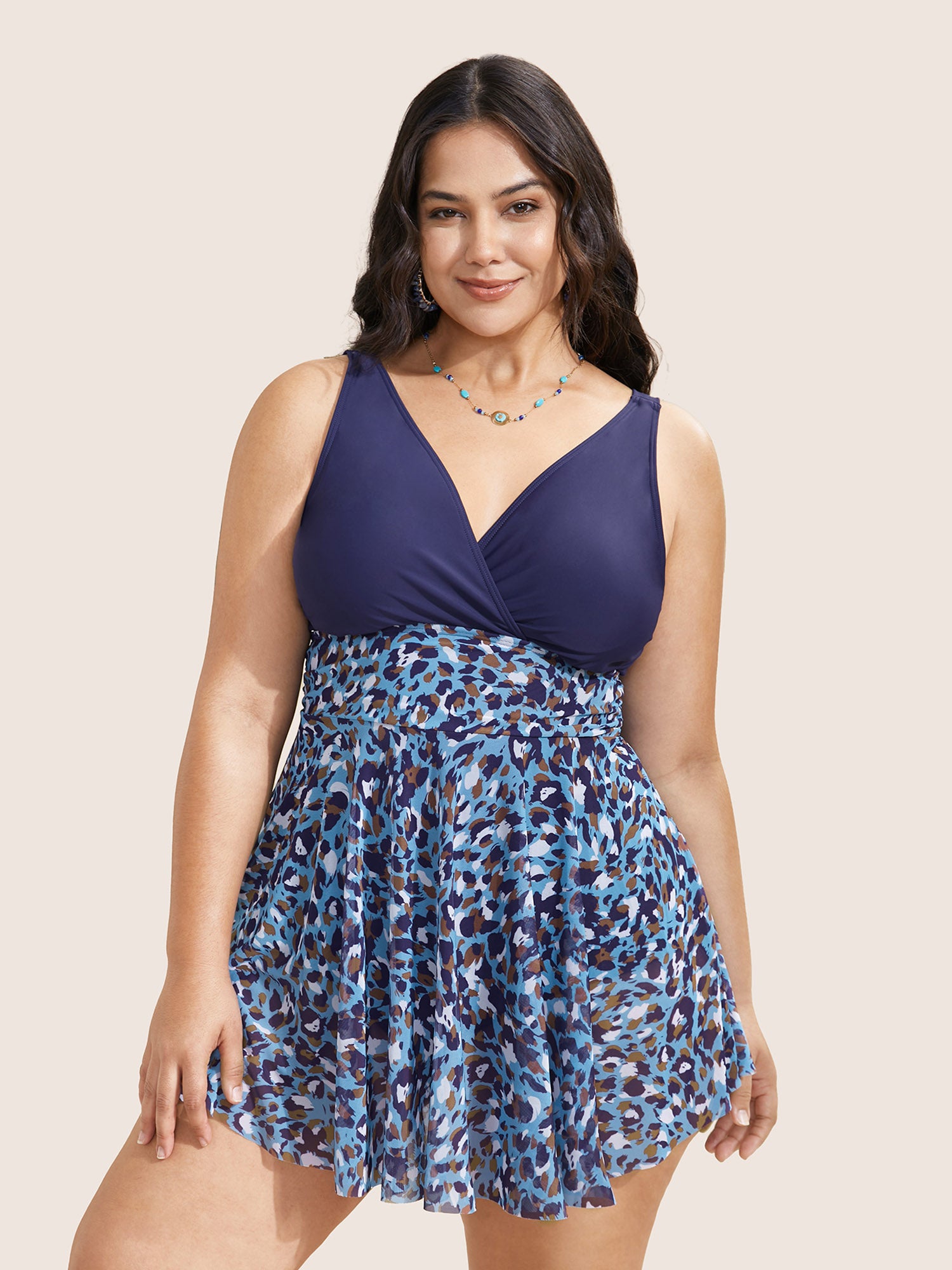 V Neck Leopard Print Patchwork Swim Dress