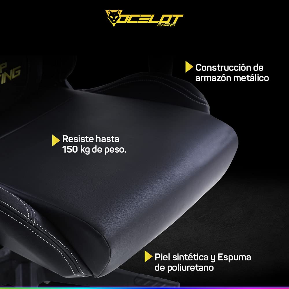 OCELOT GAMING Silla Gamer OGS-01, Base de plástico con descansa Brazos Ajustables y un ángulo de inclinación máxima de 155°, Incluye cojín Lumbar y Cervical - Soporta hasta 150Kg