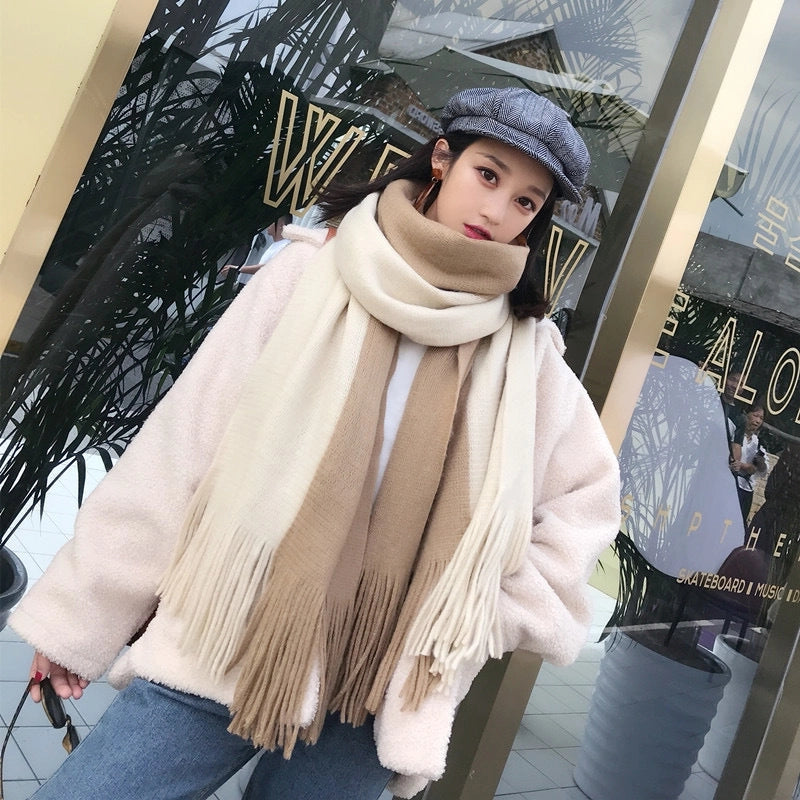 New Contrast Color Fashion Imitation Cashmere Scarf Women's Long Warm Student Scarf Tassel Couple's Shawl