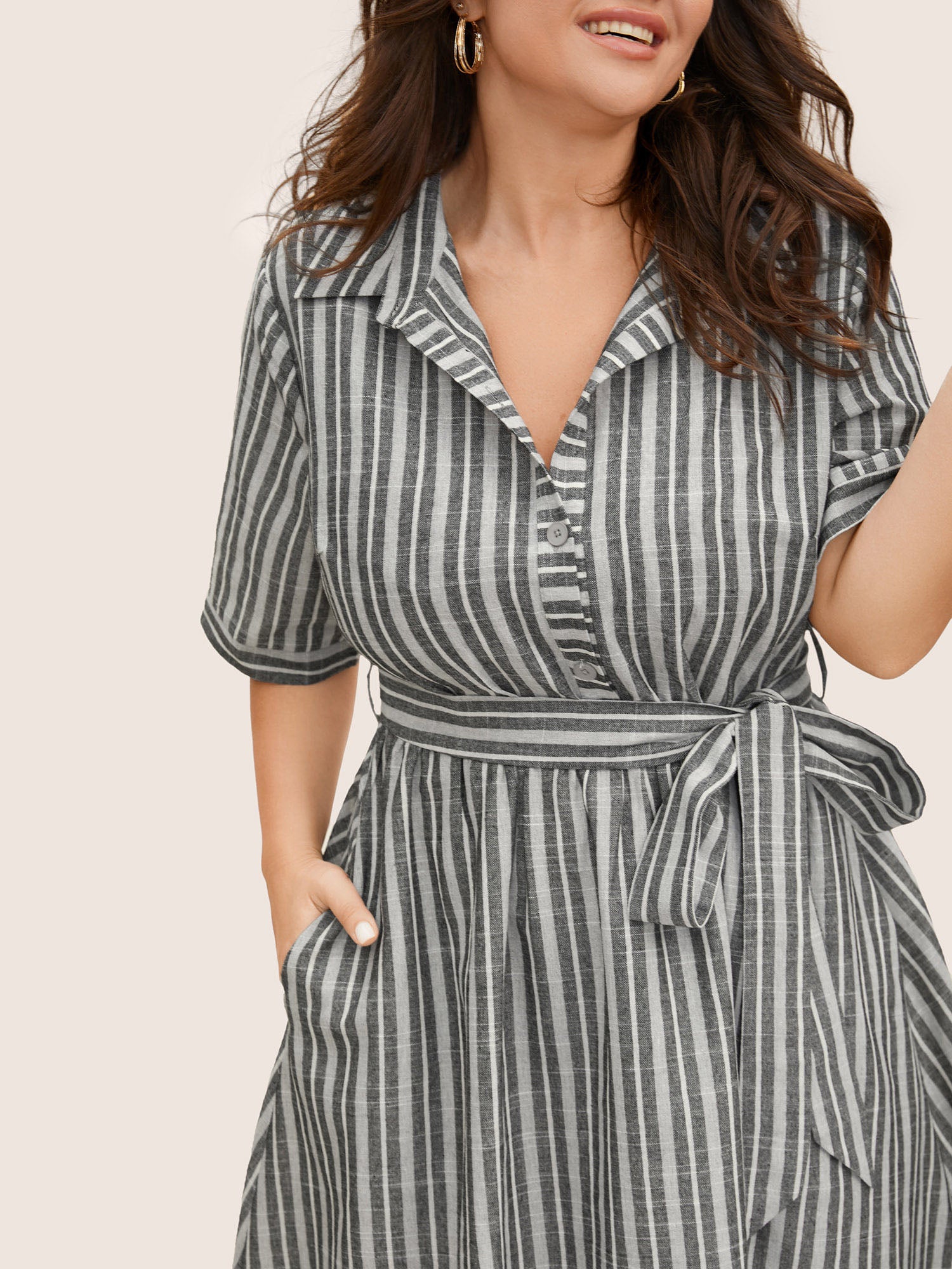 Shirt Collar Striped Button Up Belted Dress