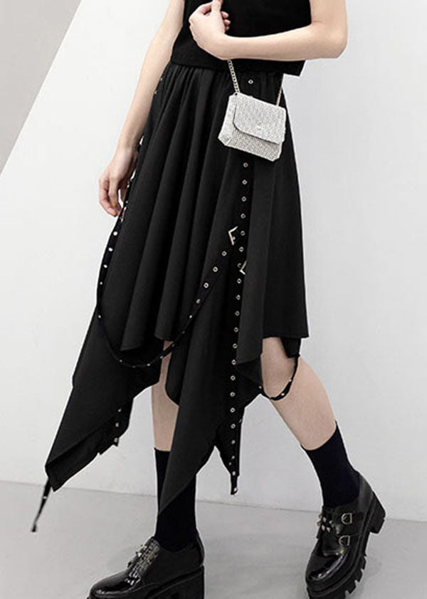 Streetwear Black Elastic Waist Asymmetrical Design Solid Color Skirt Summer