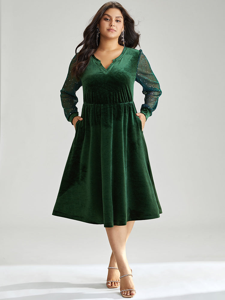 Velvet Sequin Patchwork Elastic Waist Notched Dress