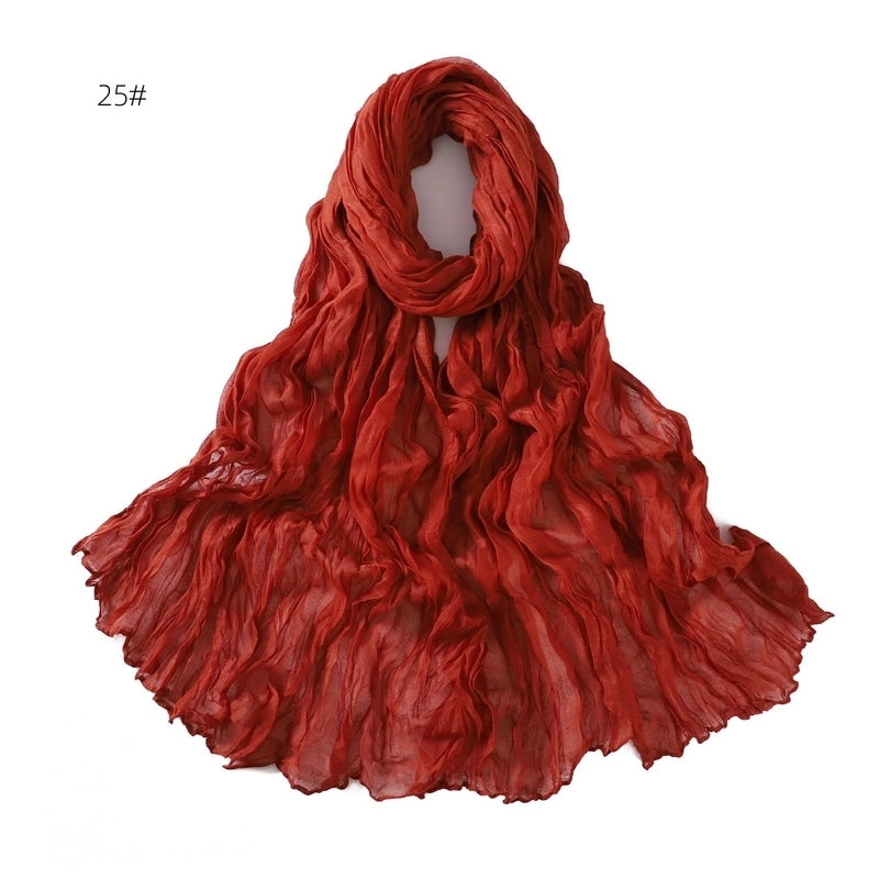 Spring And Autumn Pure Color Silk Yarn Twist Wrinkle Cotton And Linen Breathable Thin Scarf Female Cover Scarf In Stock