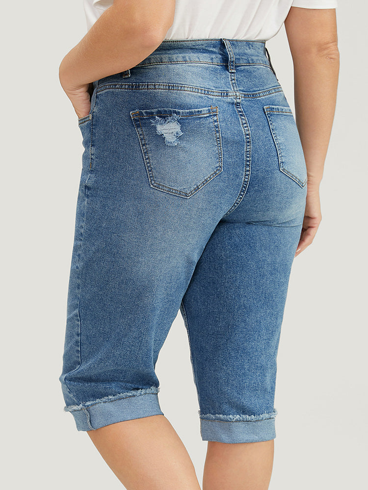 Moderately Stretchy Roll Hem Ripped Knee Denim Shorts