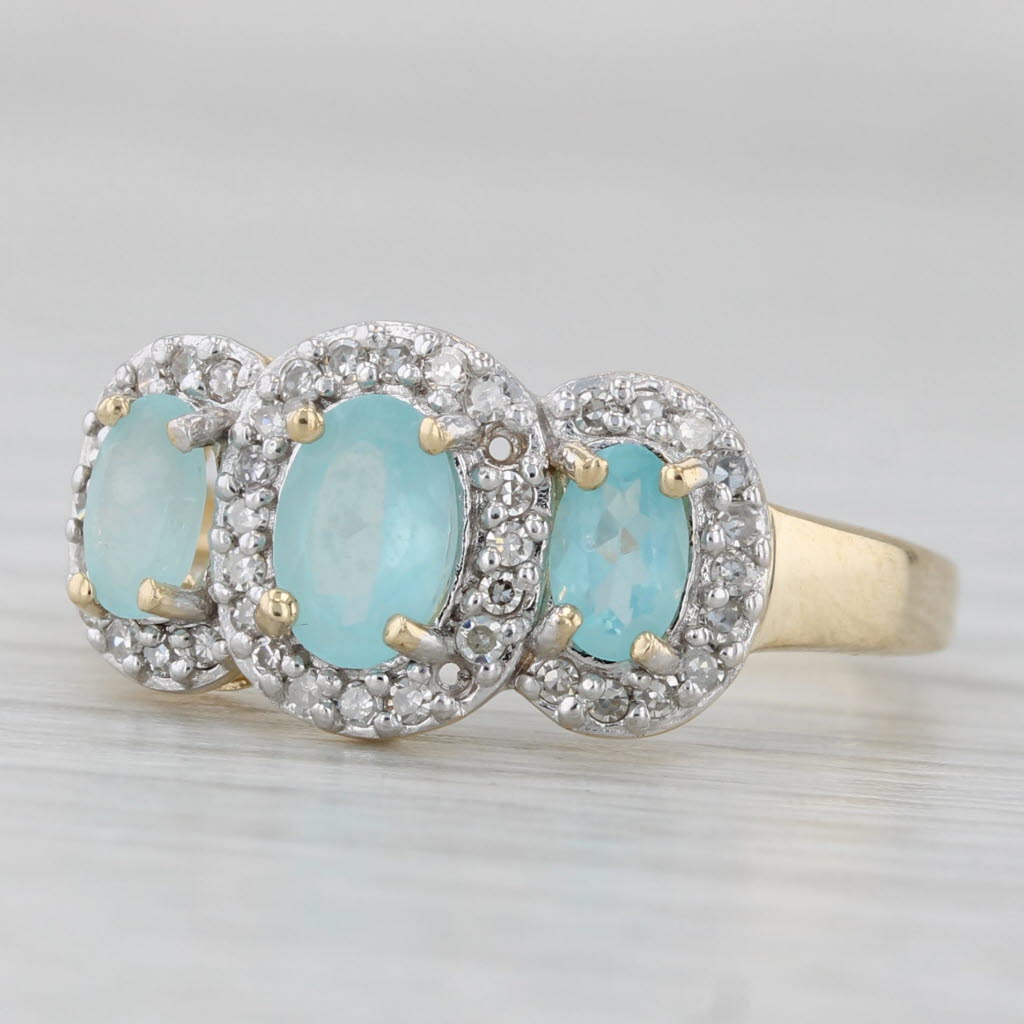 0.97ctw Apatite Oval 3-Stone Diamond Halo Ring 14k Yellow Gold Size 7