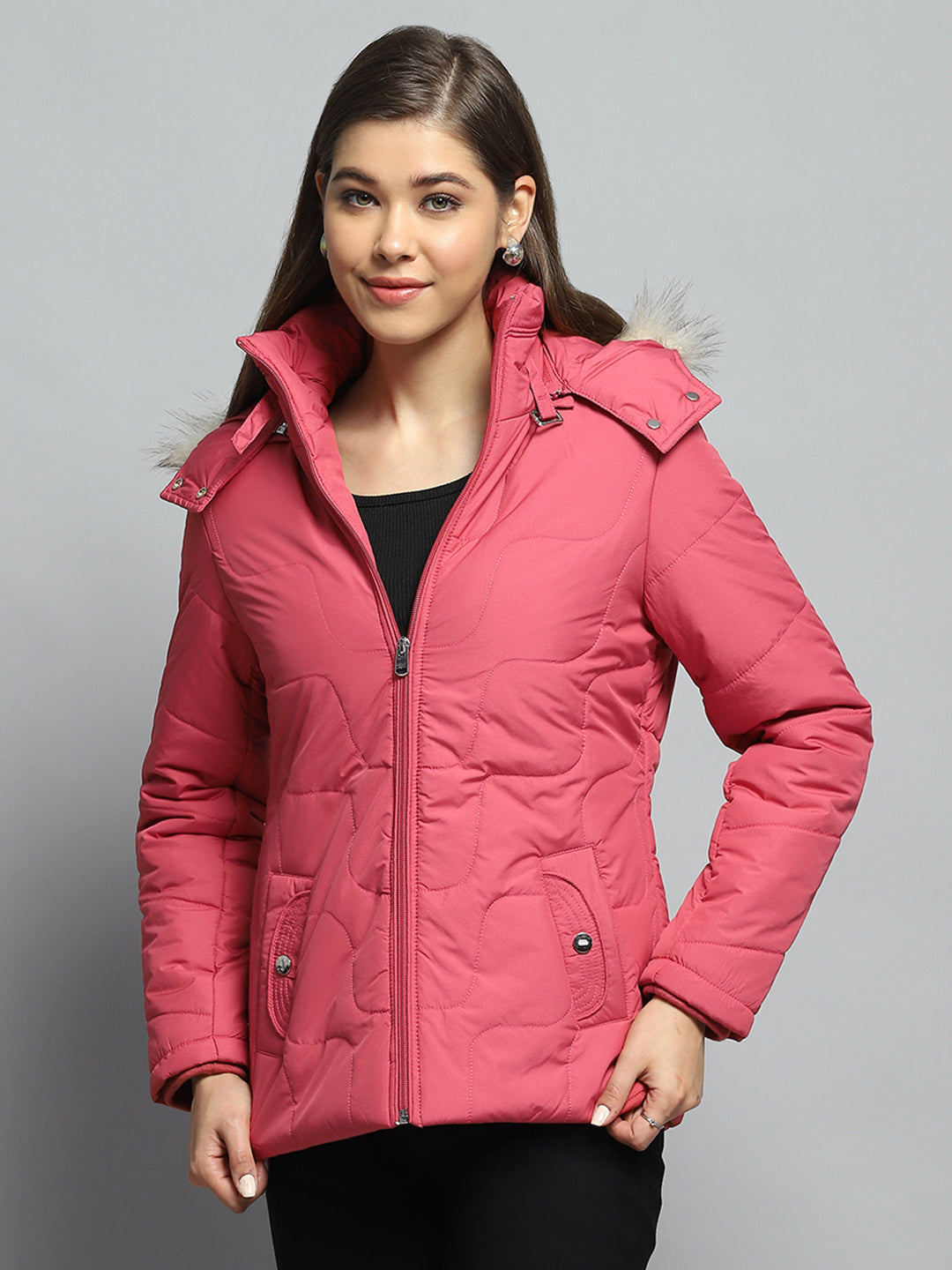 Women Pink Self Design Detachable Hood Full Sleeve Jacket