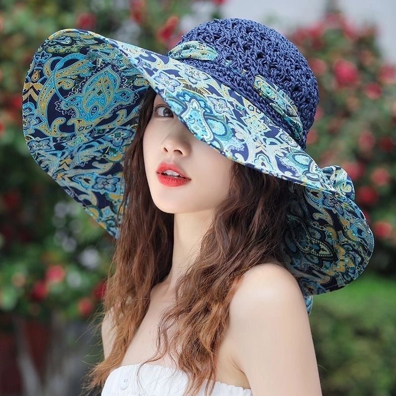 Women's Minimalist Color Block Printing Big Eaves Sun Hat