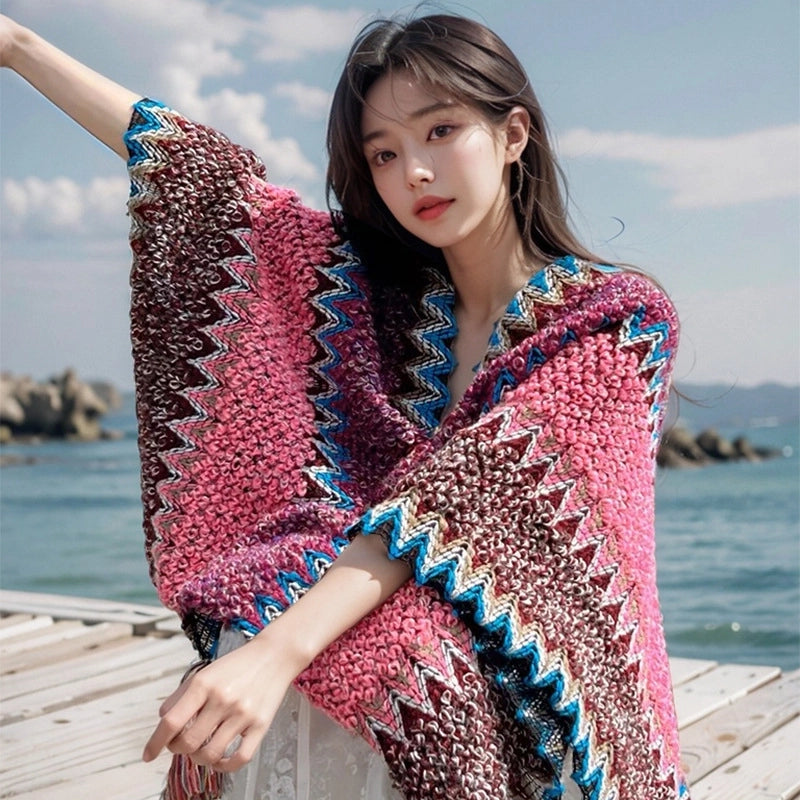 Women's Ethnic Style Color Block Blended Tassel Shawl