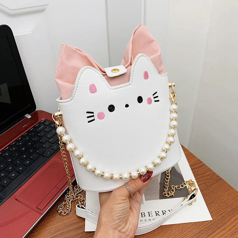 Women's Small Pu Leather Cat Cute Streetwear Pearls Bucket Magnetic Buckle Crossbody Bag