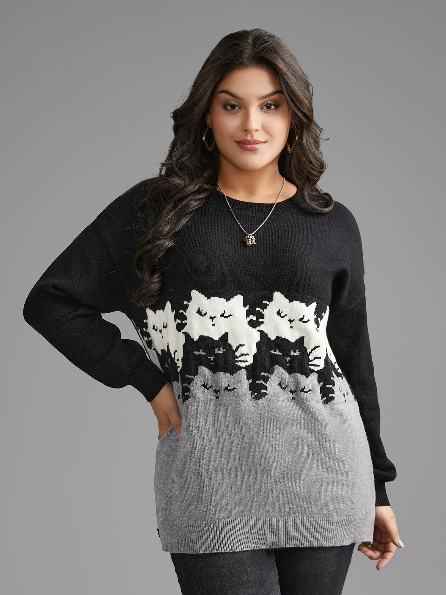 Cat Contrast Drop Shoulder Pullover