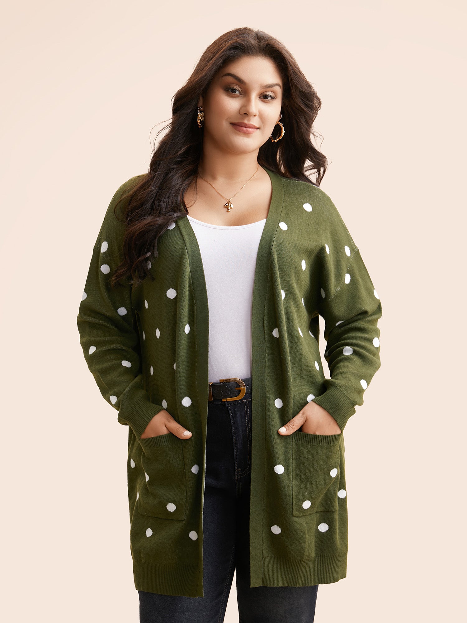 Polka Dot Kimono Collar Patch Pocket Cardigan