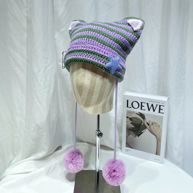 Japanese Style Cute Little Devil Cat Ear Fur Ball Wool Hat Women's Autumn And Winter Warm Small Face Ear Protection Knitted Hat