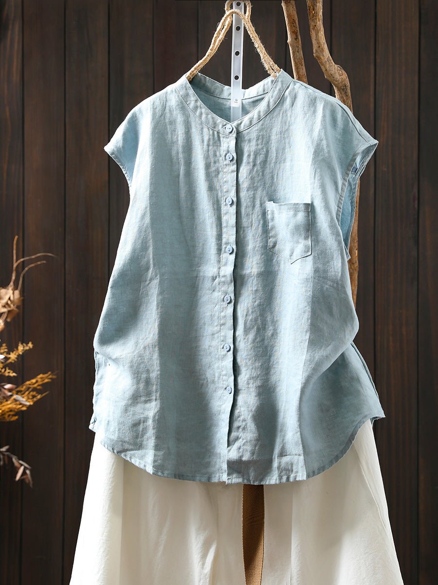 Women Summer Casual Pure Color Stand Collar 100%Linen Shirt