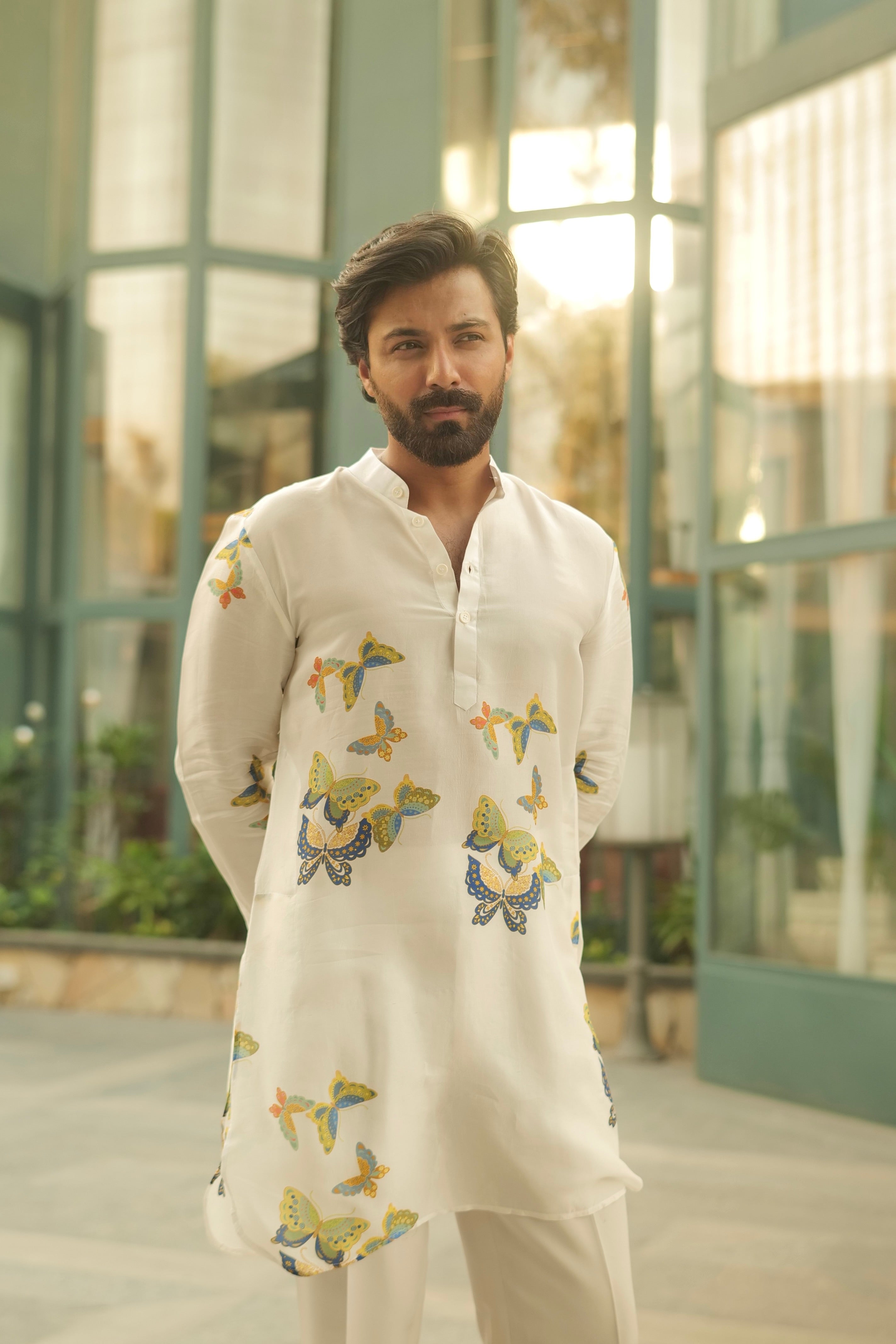 White Butterfly Printed Ganganagery Kurta