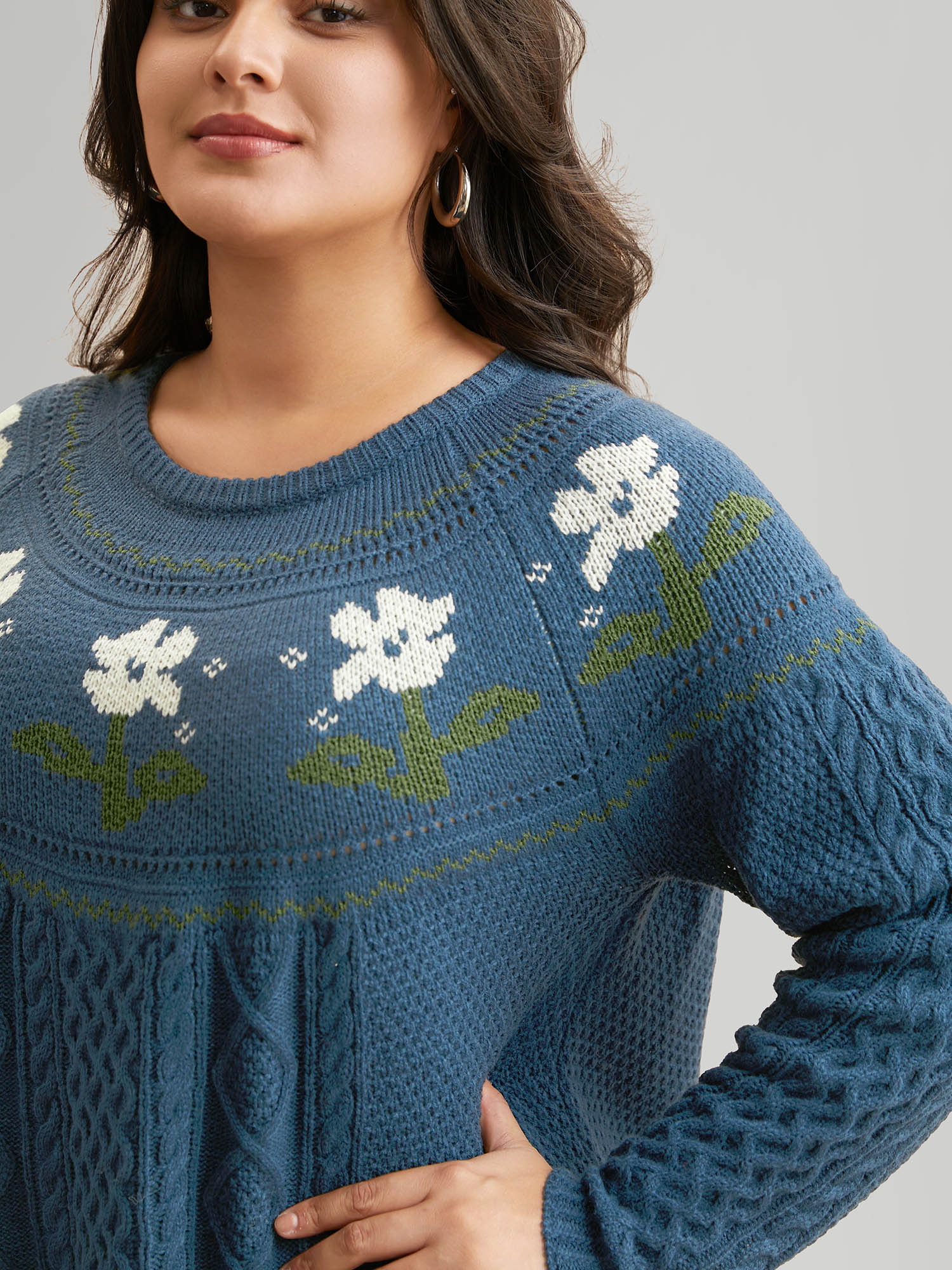 Floral Jacquard Raglan Sleeve Pullover