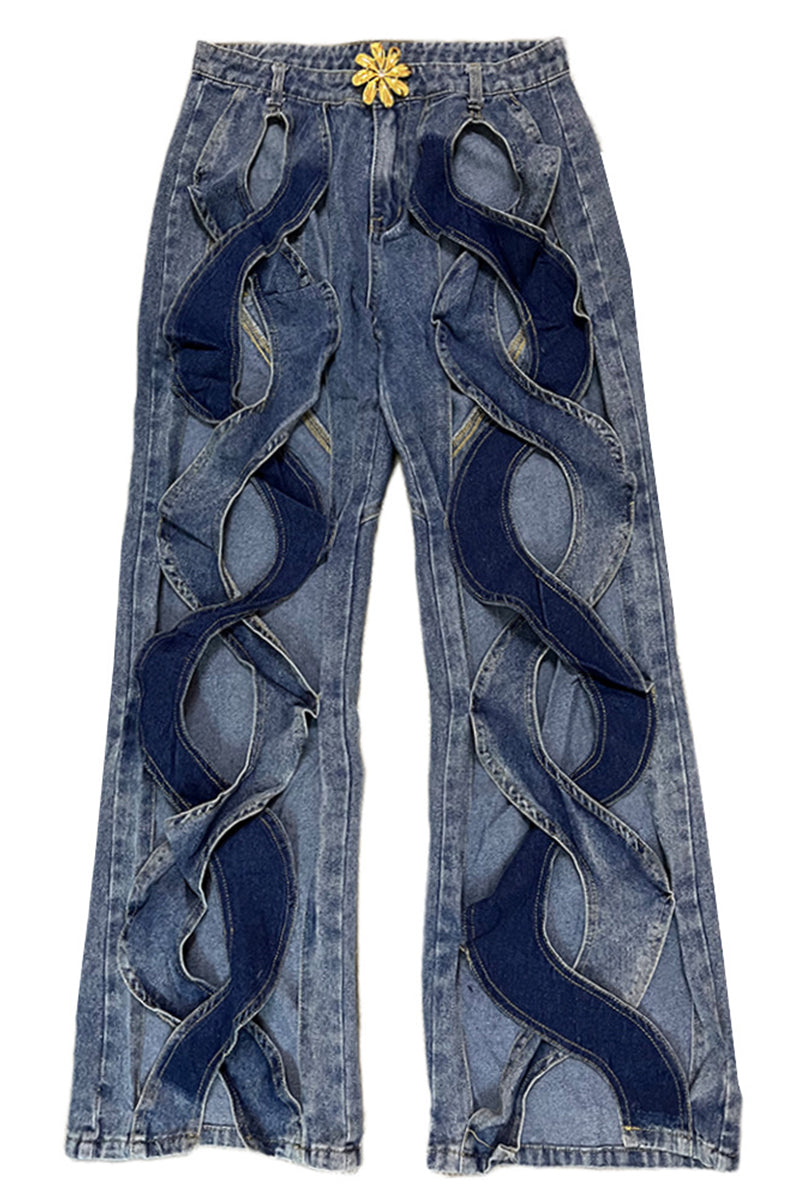 Street Solid Hollowed Out High Waist Straight Denim Jeans