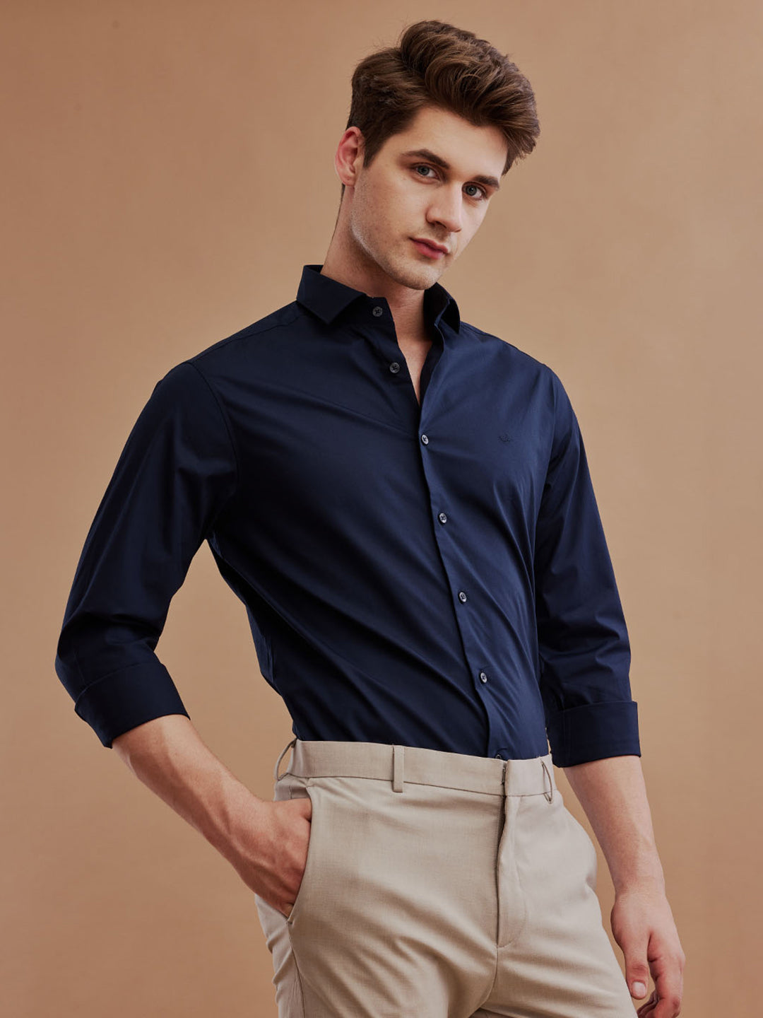 Mens Regular Fit Solid Navy Blue Casual Satin Shirt (PABLO)