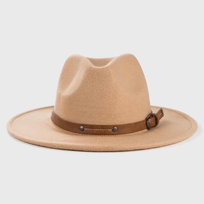 Retro Woolen Hats For Men And Women Belt Metal Buckle Felt Hat Simple Big Brim Jazz Hat