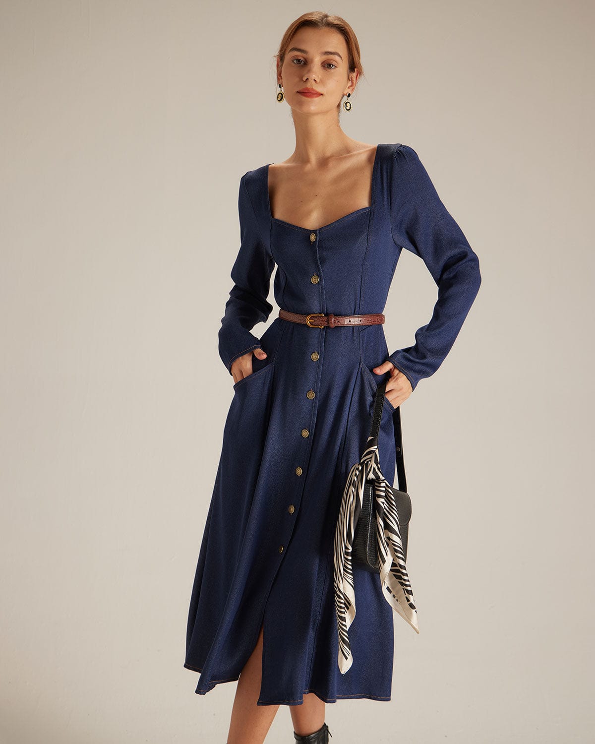 The Navy Sweetheart Neck Button Midi Dress