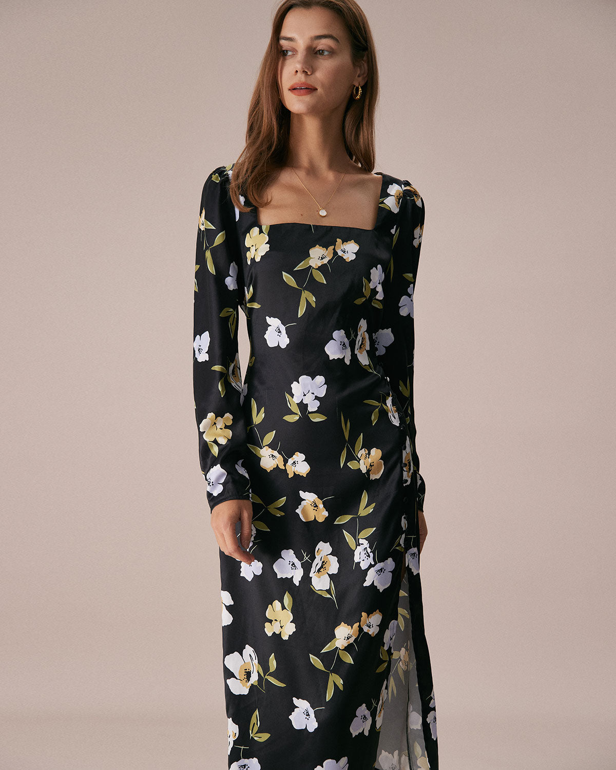 The Black Square Neck Floral Slit Midi Dress